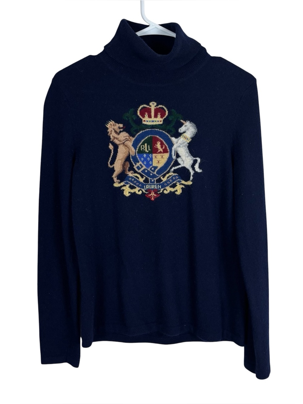Ralph Lauren VTG Crest Intarsia Sweater Womens Sz Small Cashmere Wool Turtleneck